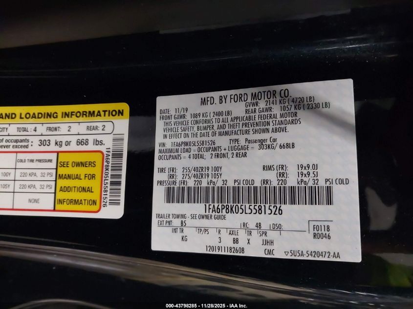 2020 Ford Mustang Bullitt Premium Fastback VIN: 1FA6P8K05L5581526 Lot: 43798285