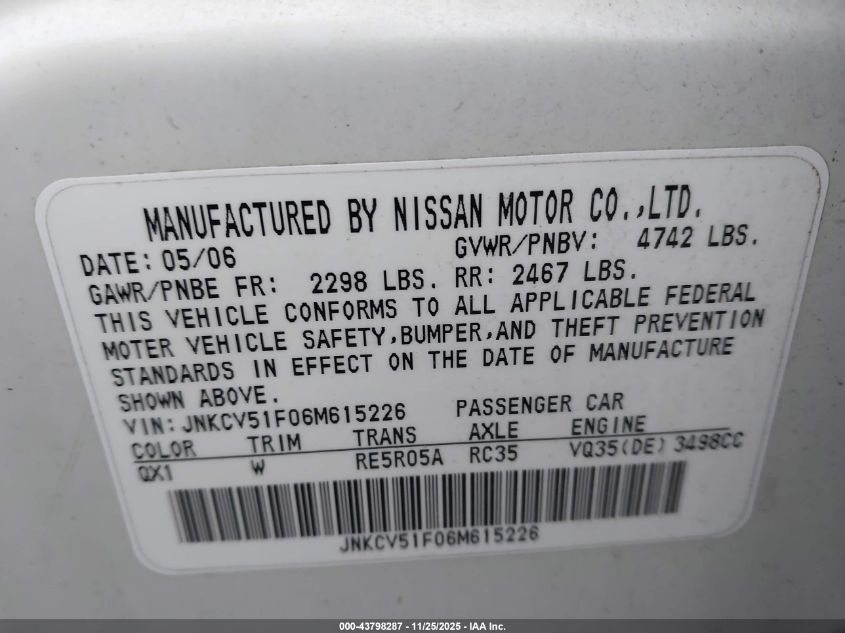 2006 Infiniti G35X VIN: JNKCV51F06M615226 Lot: 43798287