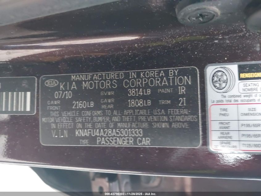 2010 Kia Forte Ex VIN: KNAFU4A28A5301333 Lot: 43798303