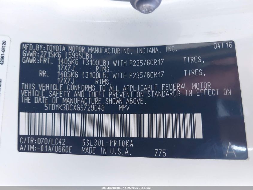 2016 Toyota Sienna Xle 8 Passenger VIN: 5TDYK3DCXGS729049 Lot: 43798306