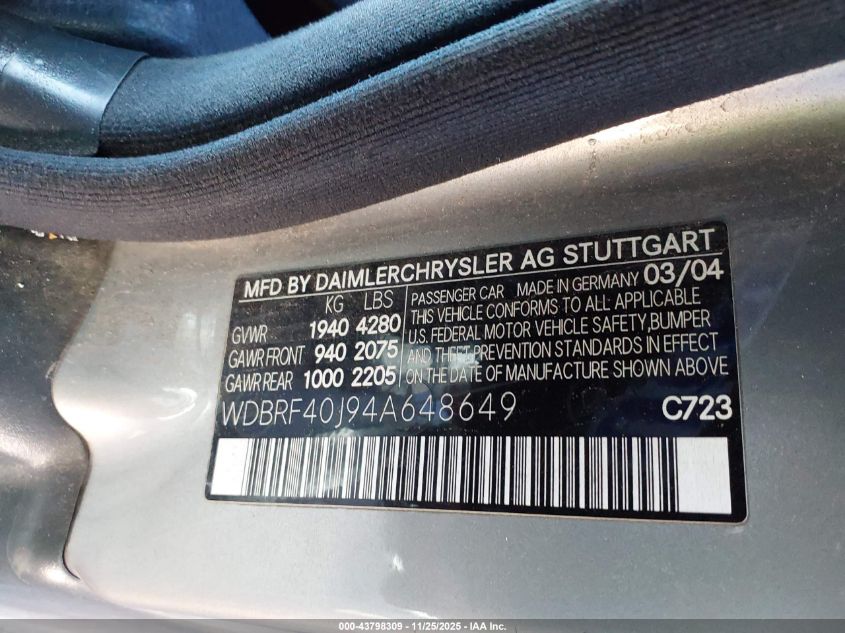 2004 Mercedes-Benz C 320 Sport VIN: WDBRF40J94A648649 Lot: 43798309