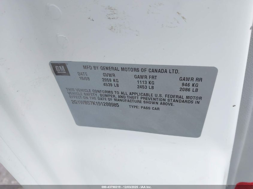 2009 Chevrolet Impala Ls VIN: 2G1WB57K191200985 Lot: 43798319