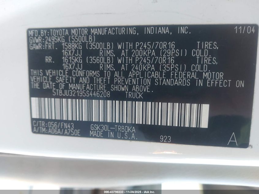 2005 Toyota Tundra VIN: 5TBJU32195S446208 Lot: 43798333