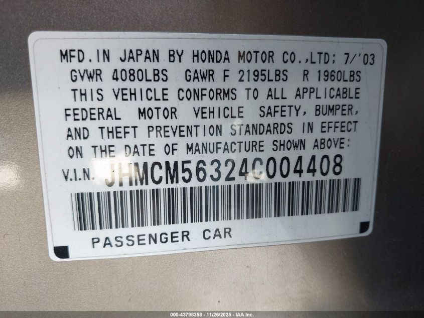 2004 Honda Accord 2.4 Lx VIN: JHMCM56324C004408 Lot: 43798358