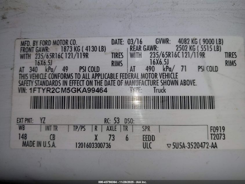 2016 Ford Transit-250 VIN: 1FTYR2CM5GKA99464 Lot: 43798364