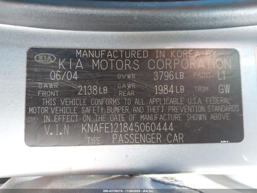2004 Kia Spectra Ex/Lx VIN: KNAFE121845060444 Lot: 43798374