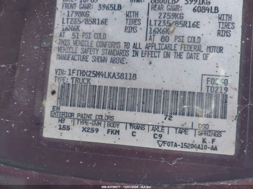 1990 Ford F250 VIN: 1FTHX25M4LKA38118 Lot: 43798377