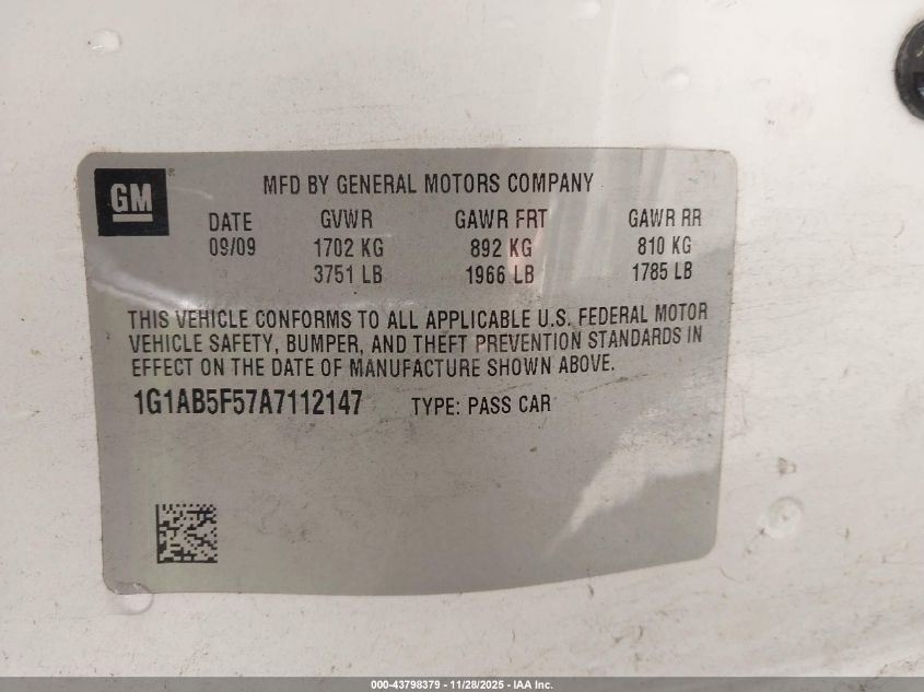 2010 Chevrolet Cobalt Ls VIN: 1G1AB5F57A7112147 Lot: 43798379