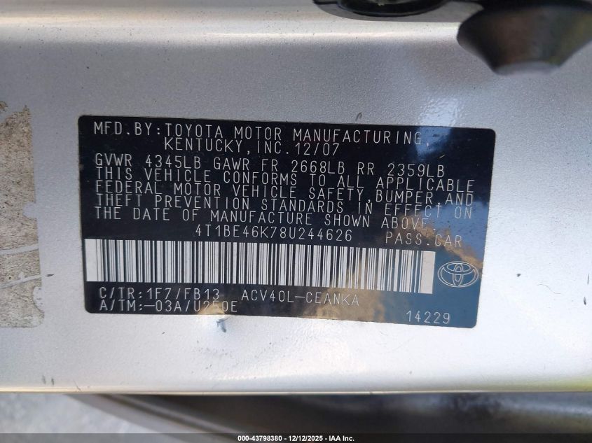 2008 Toyota Camry VIN: 4T1BE46K78U244626 Lot: 43798380