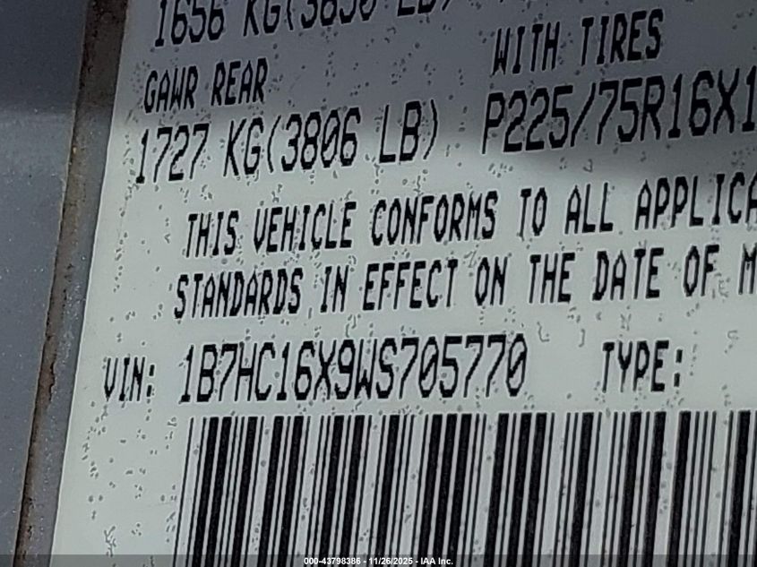 1998 Dodge Ram 1500 St/Ws VIN: 1B7HC16X9WS705770 Lot: 43798386