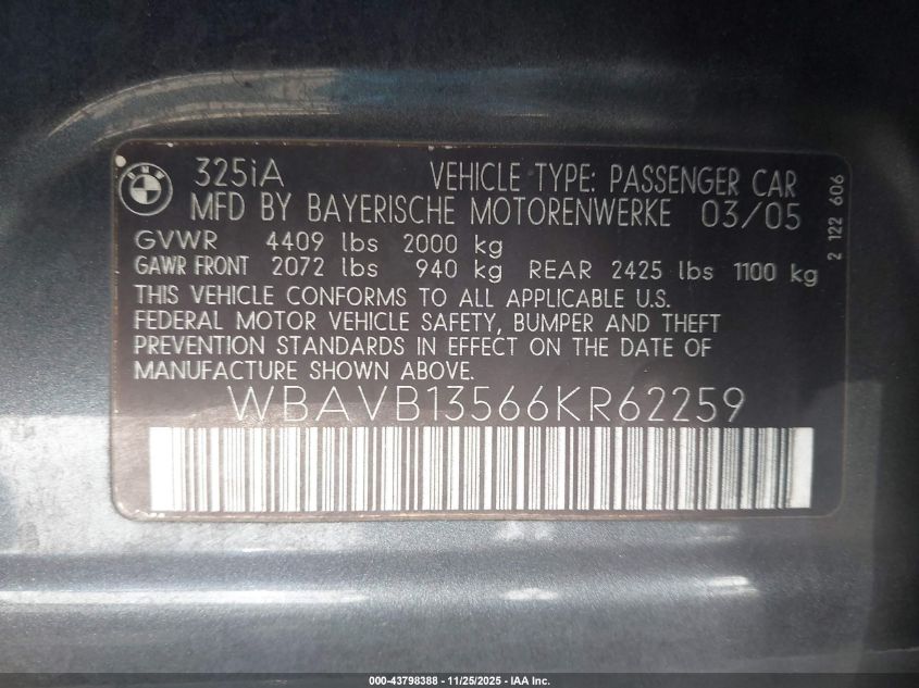 2006 BMW 325I VIN: WBAVB13566KR62259 Lot: 43798388