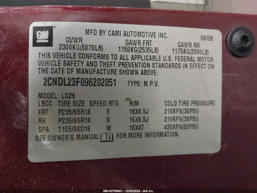 2009 Chevrolet Equinox Ls VIN: 2CNDL23F096202051 Lot: 43798401