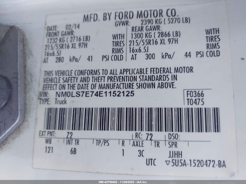 2014 Ford Transit Connect Xl VIN: NM0LS7E74E1152125 Lot: 43798402