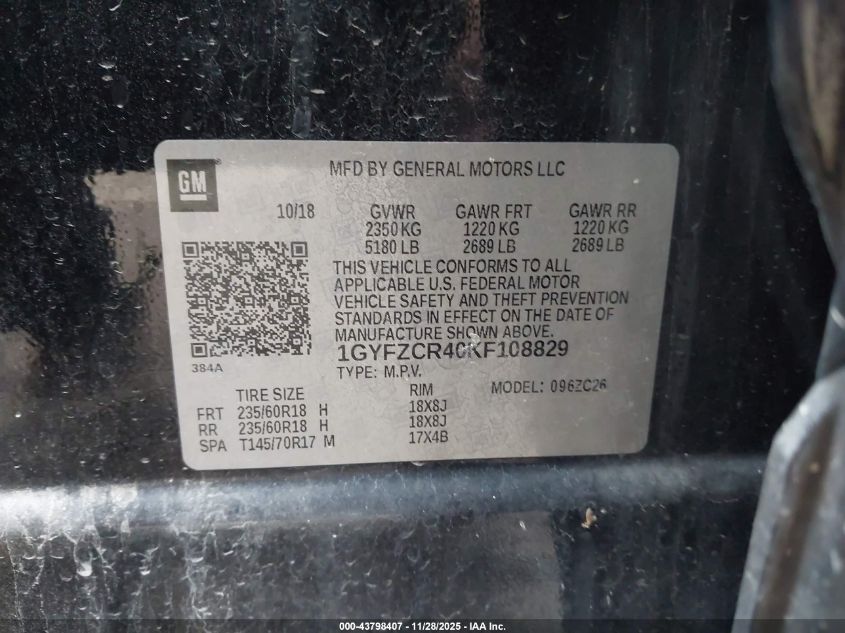 2019 Cadillac Xt4 Premium Luxury VIN: 1GYFZCR40KF108829 Lot: 43798407