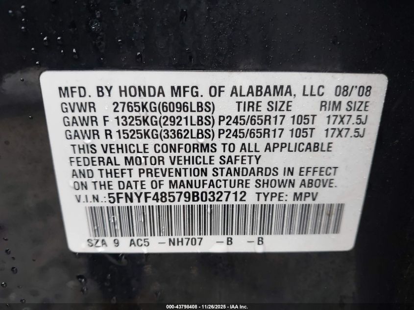 2009 Honda Pilot Ex-L VIN: 5FNYF48579B032712 Lot: 43798408