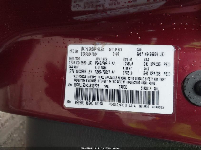 2003 Dodge Ram 1500 Slt/Laramie/St VIN: 1D7HU18DX3J613770 Lot: 43798413