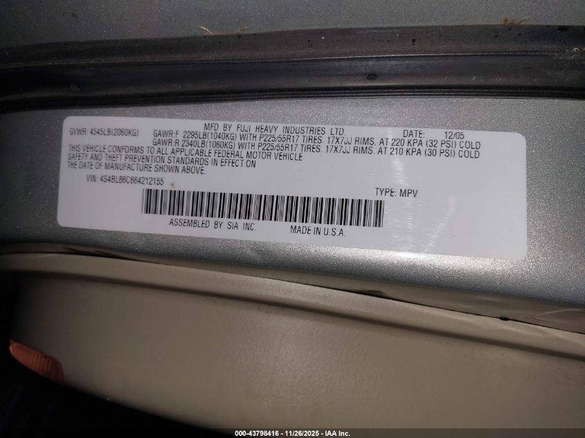 2006 Subaru Outback 3.0R L.l. Bean Edition VIN: 4S4BL86C664212155 Lot: 43798416