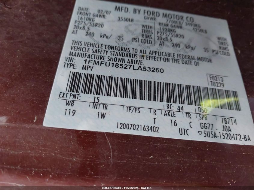 2007 Ford Expedition Eddie Bauer VIN: 1FMFU18527LA53260 Lot: 43798440