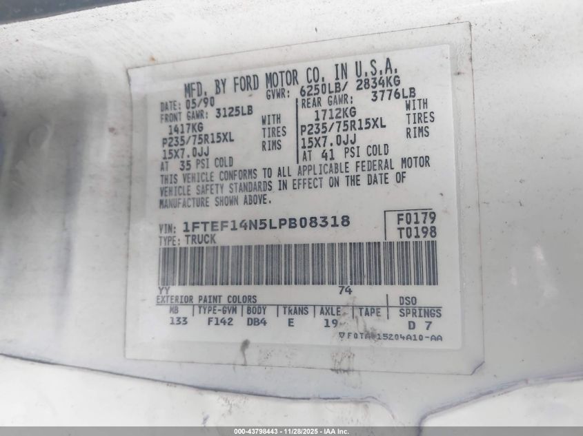 1990 Ford F150 VIN: 1FTEF14N5LPB08318 Lot: 43798443