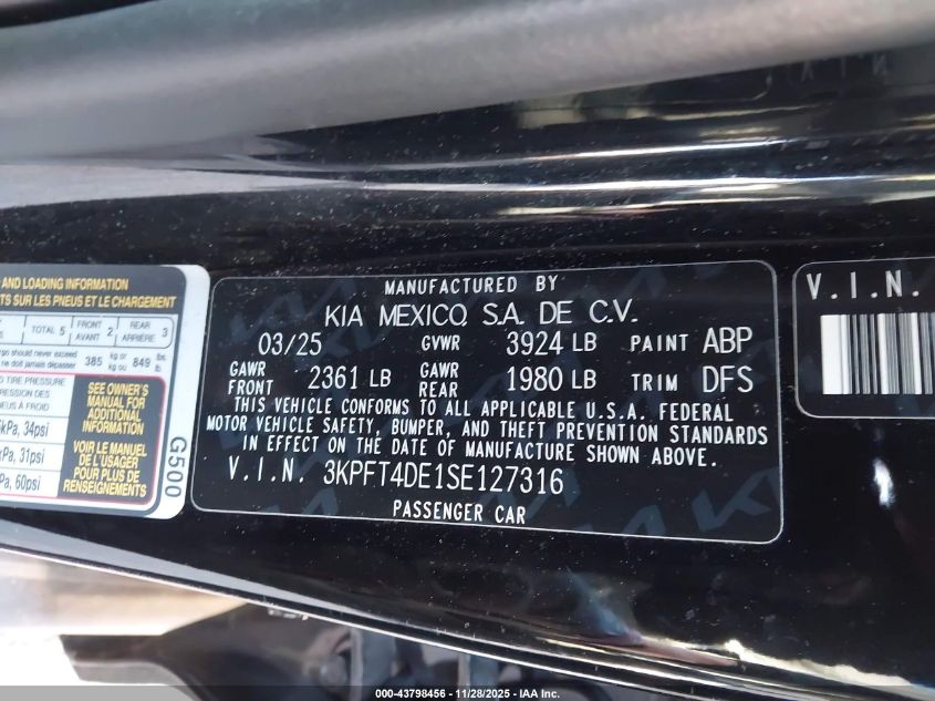 2025 Kia K4 Lxs VIN: 3KPFT4DE1SE127316 Lot: 43798456