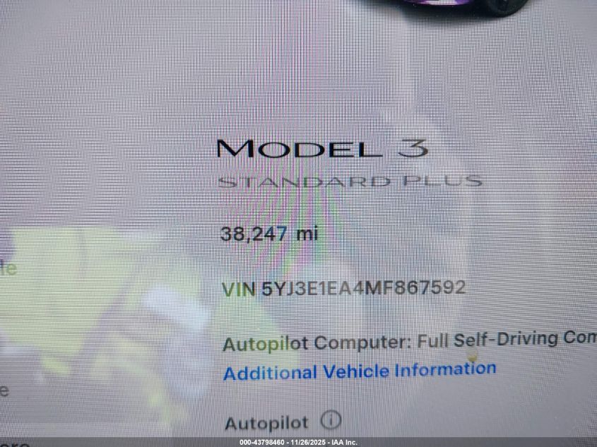 2021 Tesla Model 3 Standard Range Plus Rear-Wheel Drive VIN: 5YJ3E1EA4MF867592 Lot: 43798460