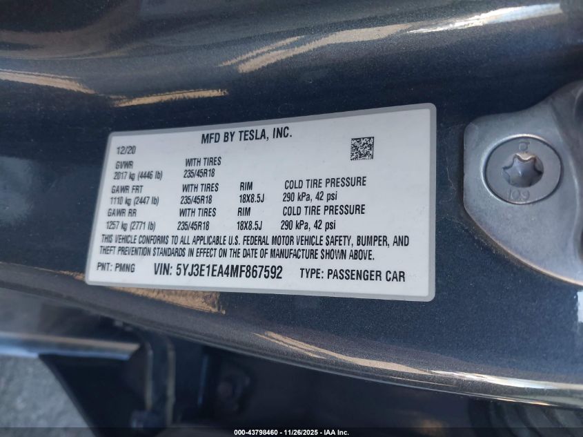 2021 Tesla Model 3 Standard Range Plus Rear-Wheel Drive VIN: 5YJ3E1EA4MF867592 Lot: 43798460