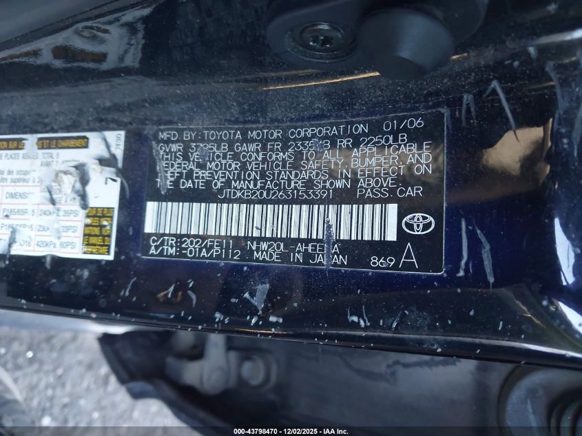 2006 Toyota Prius VIN: JTDKB20U263153391 Lot: 43798470