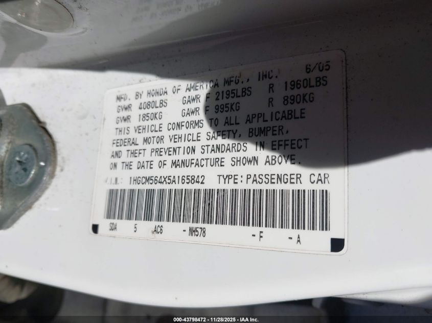 2005 Honda Accord 2.4 Lx VIN: 1HGCM564X5A165842 Lot: 43798472