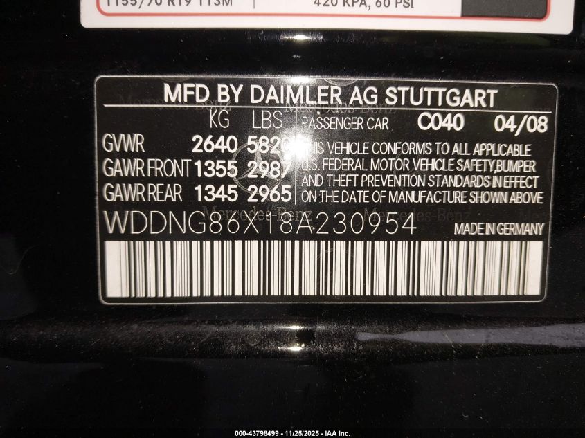 2008 Mercedes-Benz S 550 4Matic VIN: WDDNG86X18A230954 Lot: 43798499