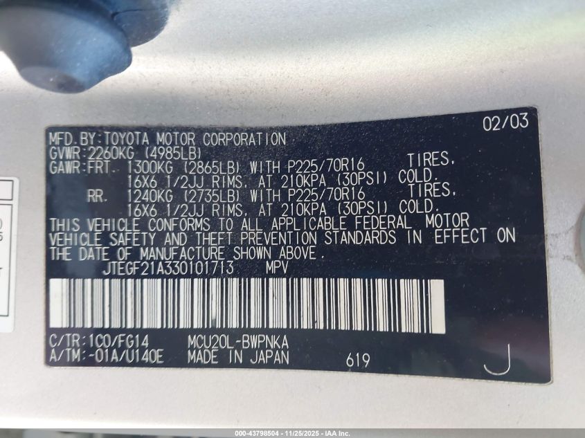 2003 Toyota Highlander V6 VIN: JTEGF21A330101713 Lot: 43798504