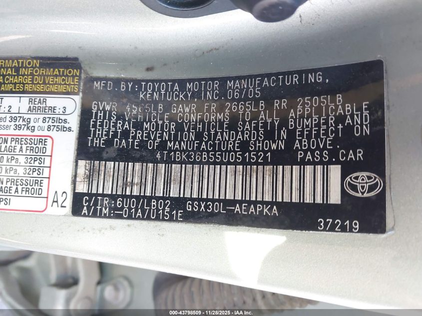 2005 Toyota Avalon Limited VIN: 4T1BK36B55U051521 Lot: 43798509