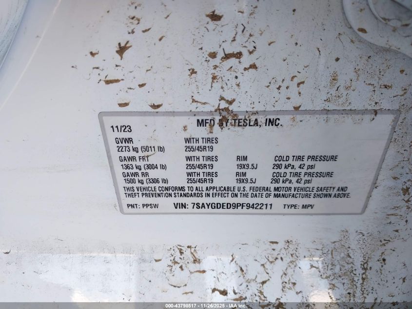 2023 Tesla Model Y Rwd VIN: 7SAYGDED9PF942211 Lot: 43798517