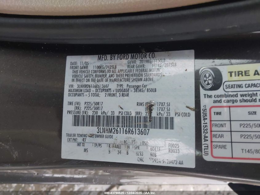 2006 Lincoln Zephyr VIN: 3LNHM26116R613607 Lot: 43798525