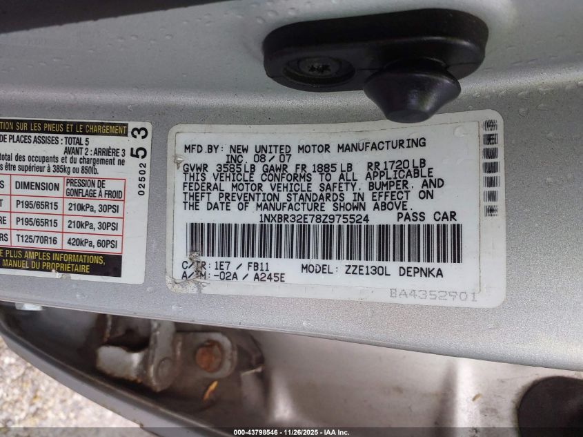 2008 Toyota Corolla Le VIN: 1NXBR32E78Z975524 Lot: 43798546