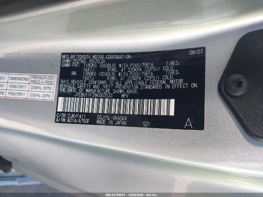 2008 Toyota Fj Cruiser VIN: JTEBU11F28K003533 Lot: 43798547