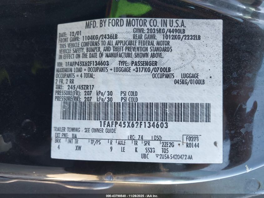 2002 Ford Mustang Gt VIN: 1FAFP45X62F134603 Lot: 43798548