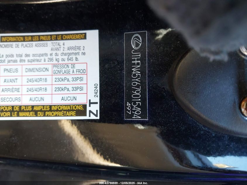 2007 Lexus Sc 430 VIN: JTHFN45Y679015494 Lot: 43798559