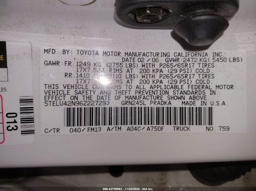 2006 Toyota Tacoma Base V6 VIN: 5TELU42N96Z227293 Lot: 43798563