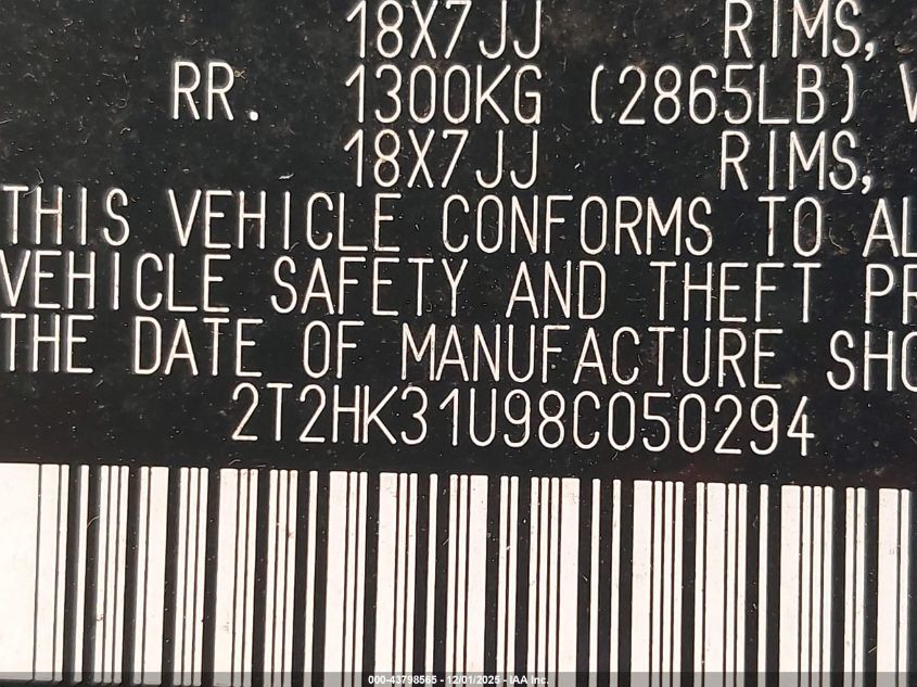 2008 Lexus Rx 350 VIN: 2T2HK31U98C050294 Lot: 43798565