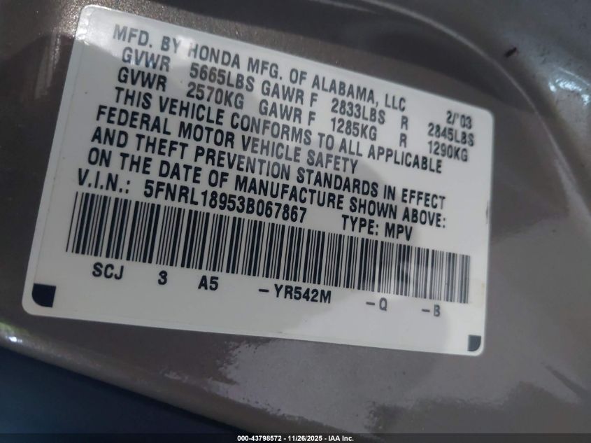 2003 Honda Odyssey Ex-L VIN: 5FNRL18953B067867 Lot: 43798572