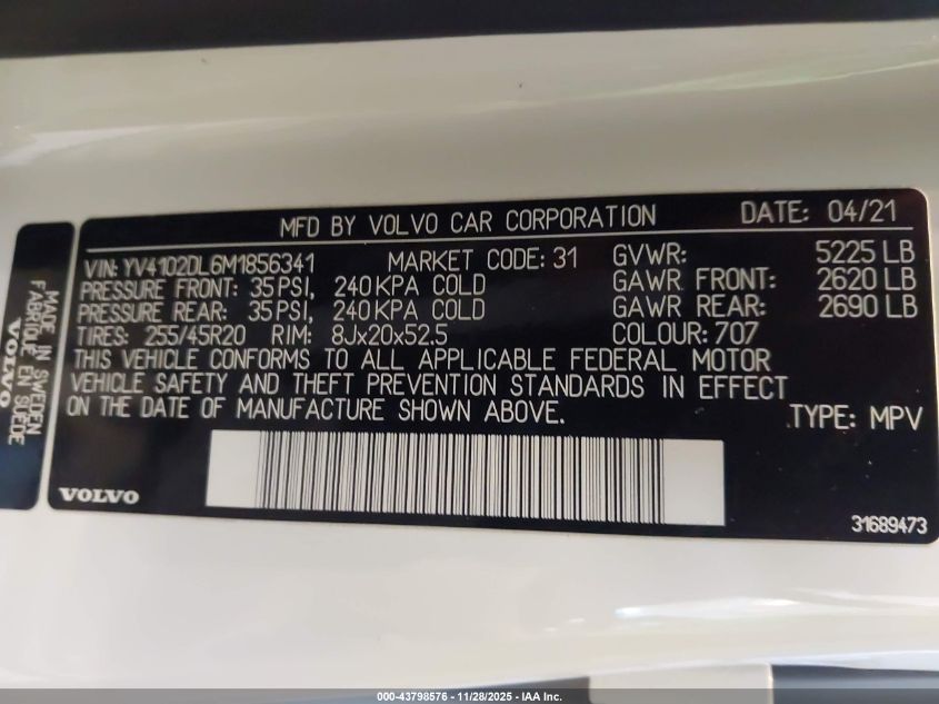 2021 Volvo Xc60 T5 Inscription VIN: YV4102DL6M1856341 Lot: 43798576