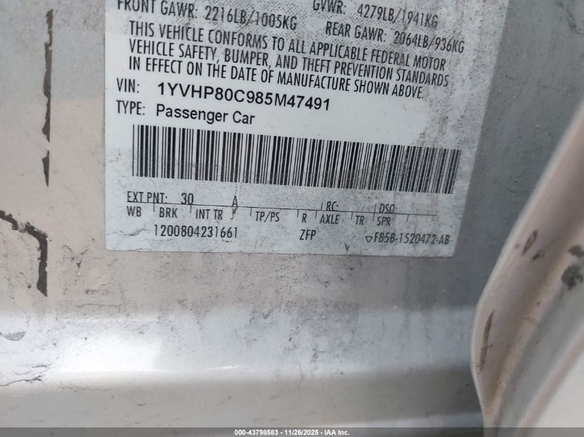 2008 Mazda Mazda6 I Sport Ve VIN: 1YVHP80C985M47491 Lot: 43798583