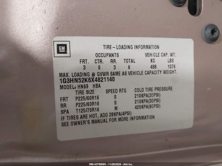 1999 Oldsmobile Eighty-Eight Ls VIN: 1G3HN52K6X4821140 Lot: 43798585