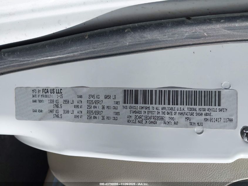 2015 Chrysler Town & Country Touring VIN: 2C4RC1BGXFR695861 Lot: 43798595