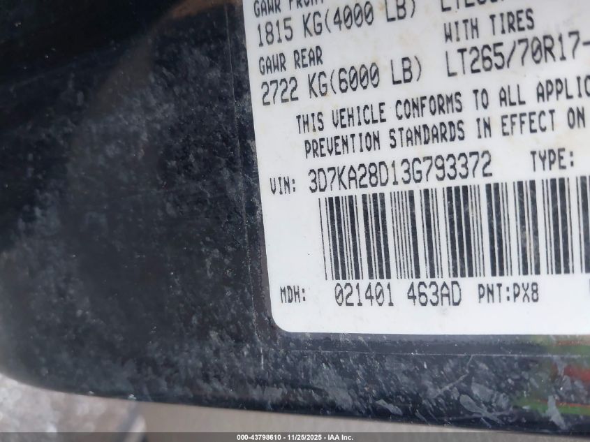 2003 Dodge Ram 2500 Slt/Laramie/St VIN: 3D7KA28D13G793372 Lot: 43798610