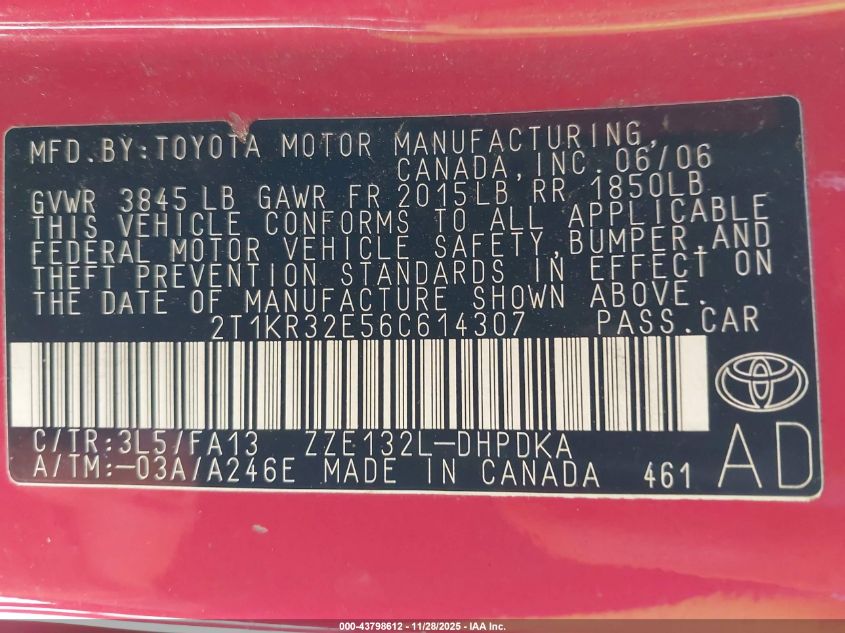 2006 Toyota Matrix VIN: 2T1KR32E56C614307 Lot: 43798612
