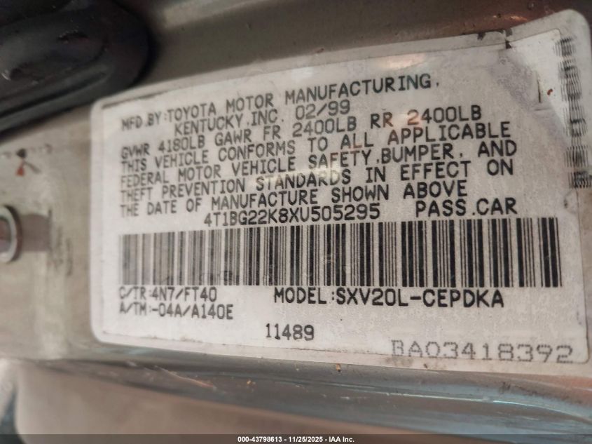 1999 Toyota Camry Ce VIN: 4T1BG22K8XU505295 Lot: 43798613