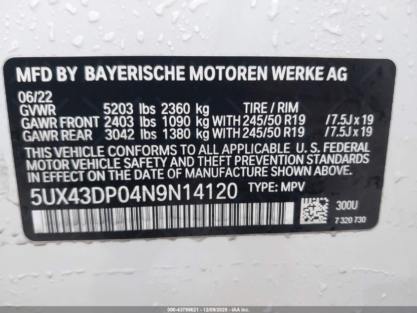 2022 BMW X3 Sdrive30I VIN: 5UX43DP04N9N14120 Lot: 43798621