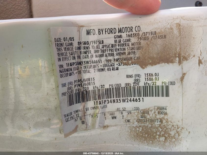 2005 Ford Focus Zx4 VIN: 1FAFP34NX5W244651 Lot: 43798640