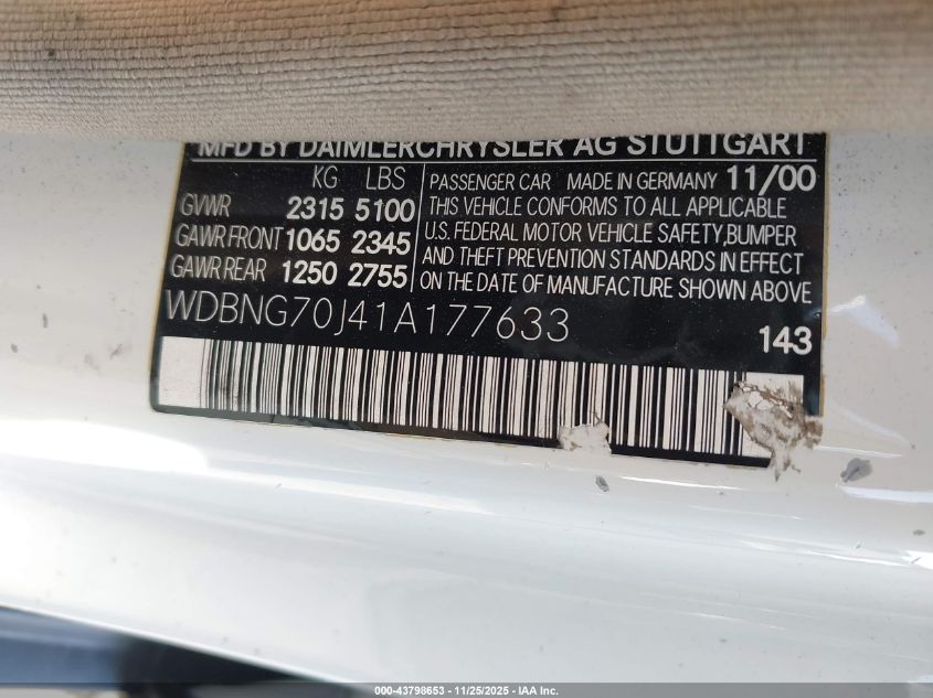 2001 Mercedes-Benz S 430 VIN: WDBNG70J41A177633 Lot: 43798653